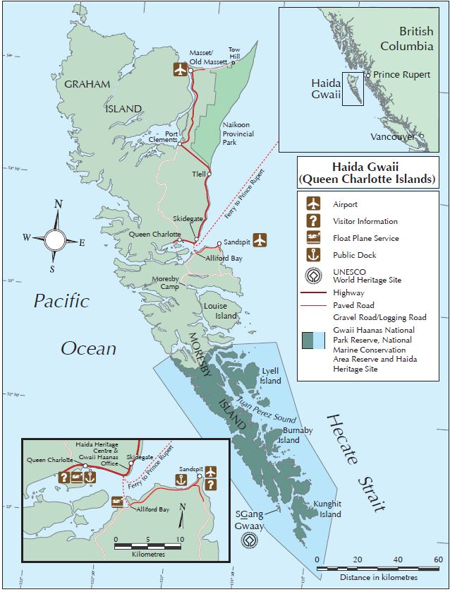 Overview map of part of Haida Gwaii and the Gwaii Haanas National Park Reserve, an archepelago of hundreds of islands of all shapes and sizes.